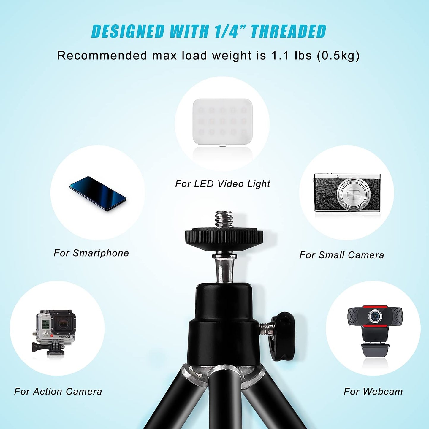 Mini Tripod for Webcam and Phone, 4-9 inch Metal Extendable Webcam Stand with Phone Holder, Tabletop Tripod
