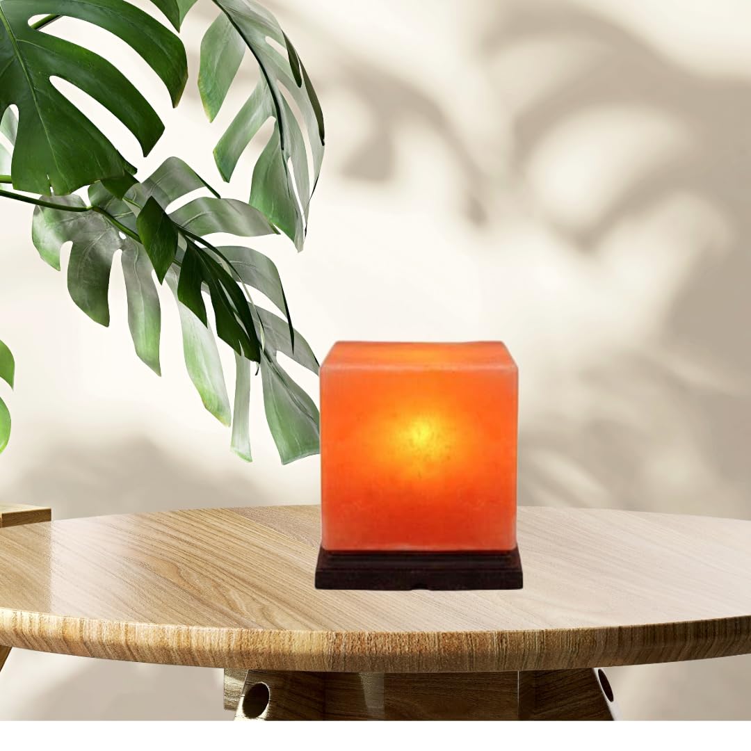 NatureBoost NB Himalayan Pink Salt Lamp 8 x 6 x 6 Inches - Cube Shape Natural Crystal Rock Salt Lamp with Dimmer Switch & Extra Bulb - Warm Amber Glow