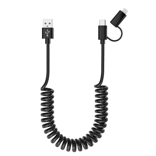 USB to USB-C and Lightning Cable Combo 2 in 1 Coiled Cable Support Apple Carplay & Android Auto [MFi & 3A Fast Charge & Data Sync] Coiled Lightning…