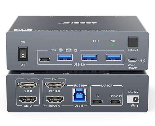 KVM Switch 2 Monitors 1 Laptop 1 Desktop 4K@60Hz, Dual Monitor KVM Switch Docking Station with 4 USB 3.0 Port for USB Peripherals, 80W PD Charging