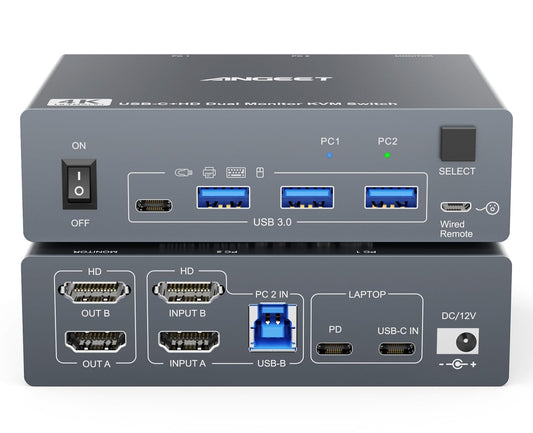 KVM Switch 2 Monitors 1 Laptop 1 Desktop 4K@60Hz, Dual Monitor KVM Switch Docking Station with 4 USB 3.0 Port for USB Peripherals, 80W PD Charging