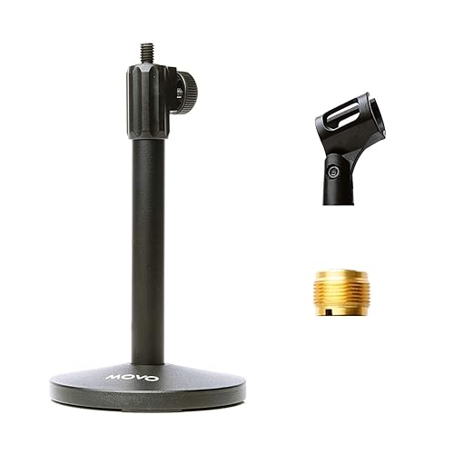 Movo TMC-3 Small Adjustable Table Mic Stand with Round Base and Universal Mic Clip. Table Top Mic Stand Height is Adjustable with Weighted Base Sits