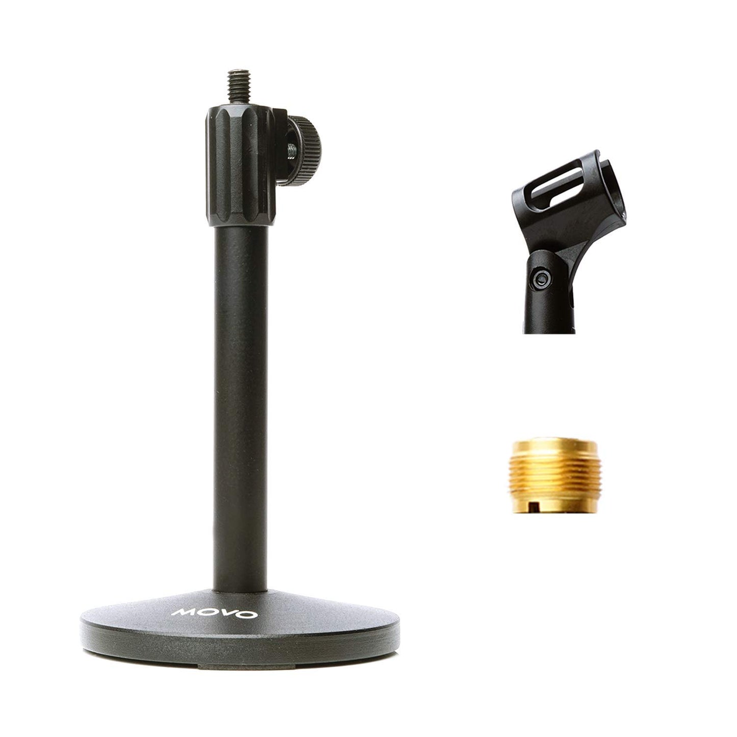Movo TMC-3 Small Adjustable Table Mic Stand with Round Base and Universal Mic Clip. Table Top Mic Stand Height is Adjustable with Weighted Base Sits