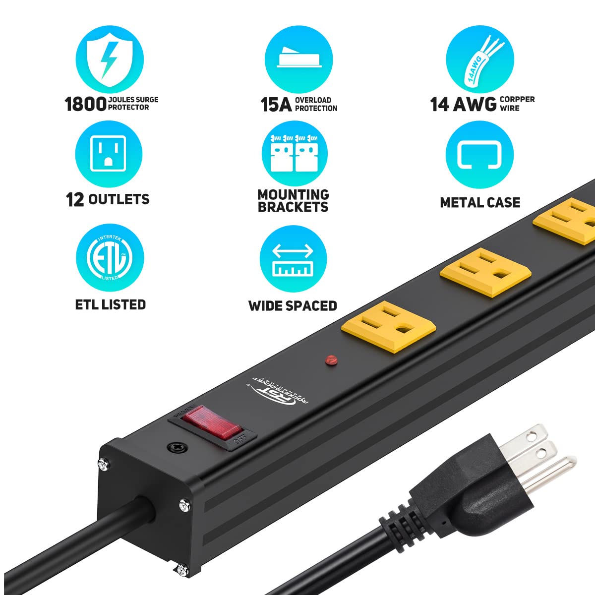 CRST 12-Outlet Metal Long Power Strip, Heavy Duty 1800 Joule Surge Protector Wall Mount Power Strip, 6FT Wide Spaced Workshop Garage Industrial Power