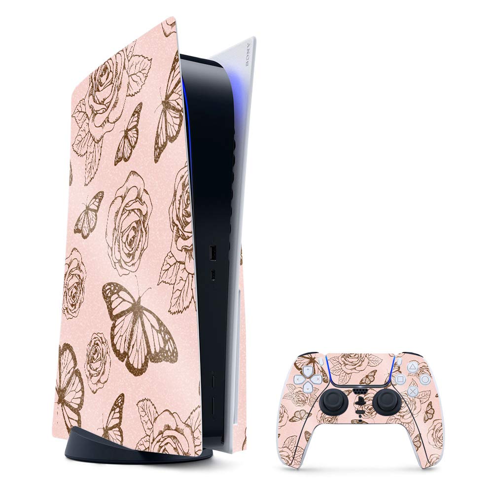 MightySkins Glossy Glitter Gaming Skin for PS5 / PlayStation 5 Bundle - Butterfly Garden | Durable High-Gloss Glitter Finish | Easy to Apply