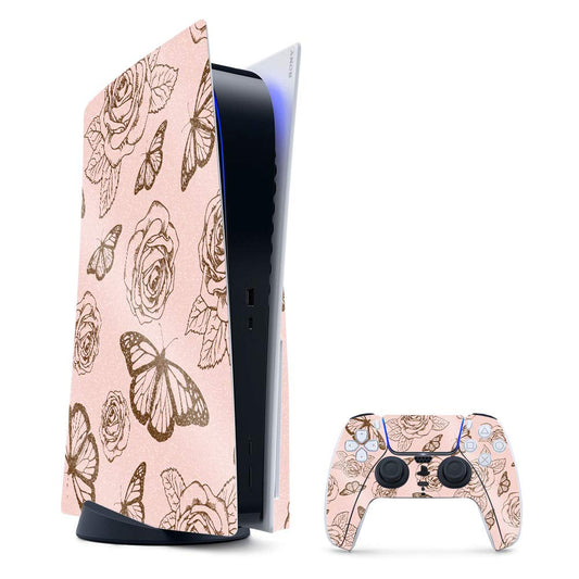 MightySkins Glossy Glitter Gaming Skin for PS5 / PlayStation 5 Bundle - Butterfly Garden | Durable High-Gloss Glitter Finish | Easy to Apply