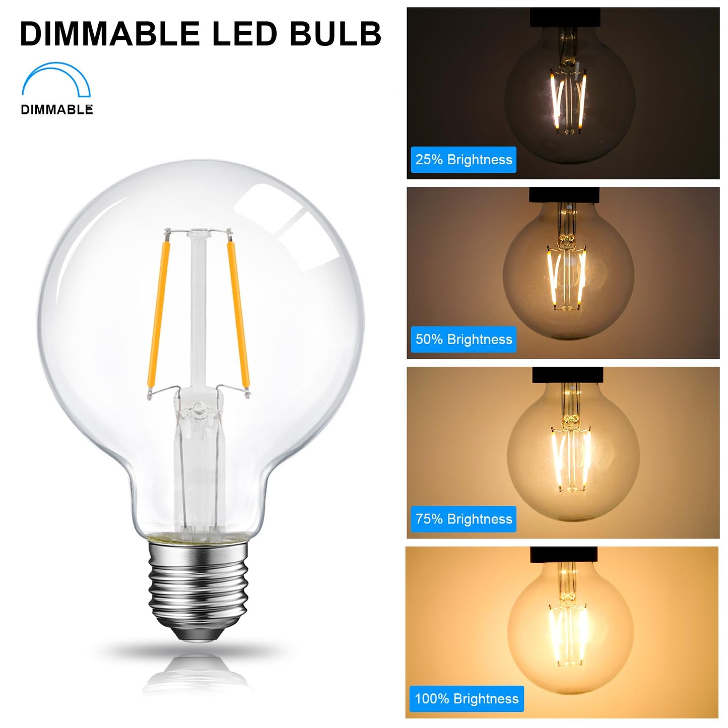 Dimmable LED Edison Light Bulb, G25 (G80) Globe Bulb, 60W Equivalent, 4000K Cool White, Christmas Light, E26 Standard Base, ETL Listed, 6-Pack