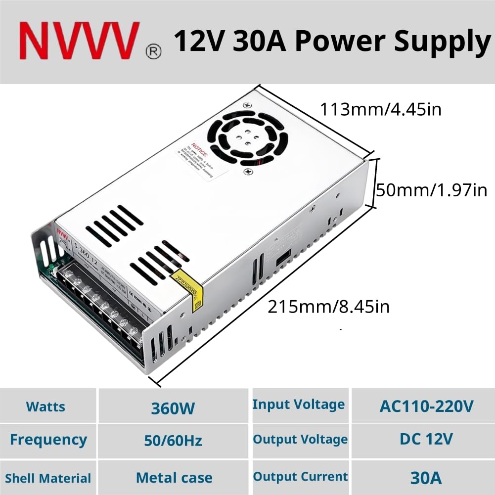 DC 12V 30A Power Supply 360W Universal Regulated Switching Converter AC 110V/220V to DC 12V Transformer - for LED Strip Lights, CCTV Camera, Computer