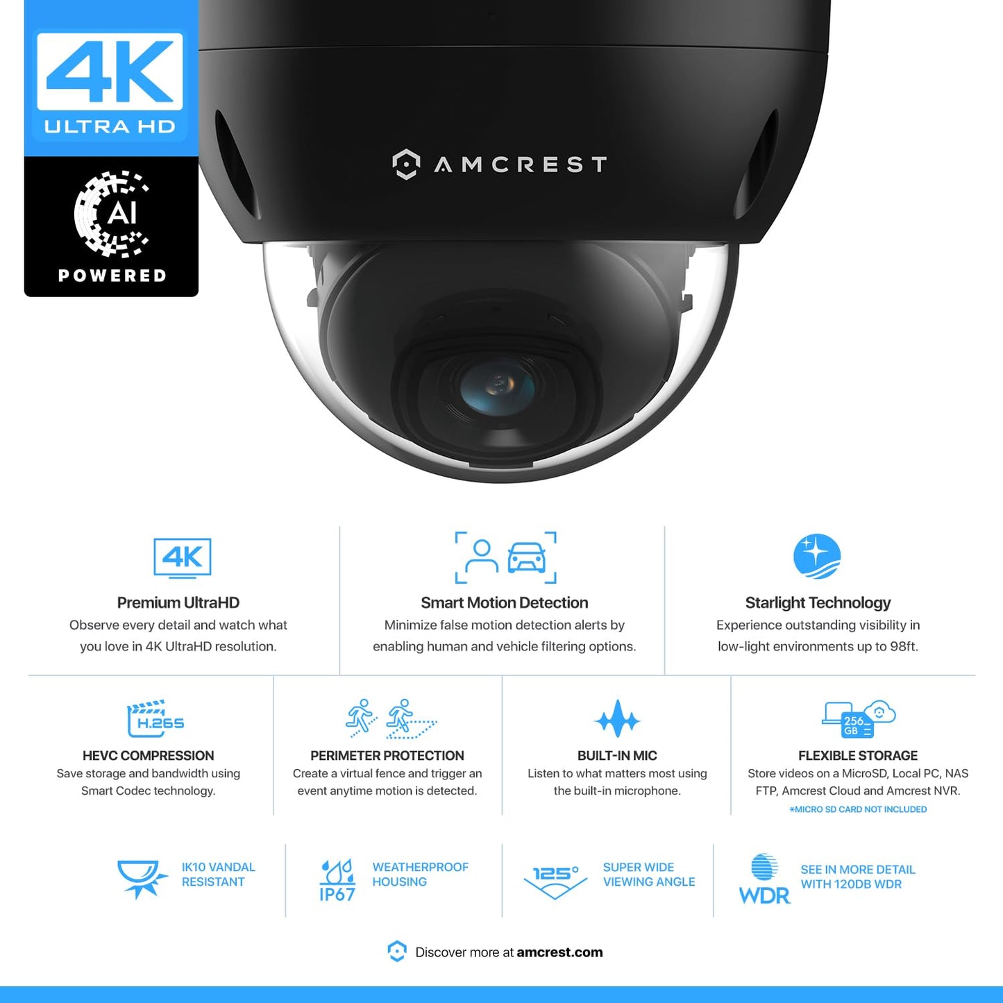 Amcrest UltraHD 4K (8MP) Dome POE IP Camera, 3840x2160, 98ft NightVision, 2.8mm Lens, IP67 Weatherproof, 125° FOV, 256GB MicroSD Recording, Black