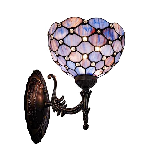 GILGGAK Tiffany Wall Sconce Hand-Weld Stained Glass Bedside Lamp with Classic 8 Inches Lampshade for Bedroom Hallway Living Room Home Office (Blue