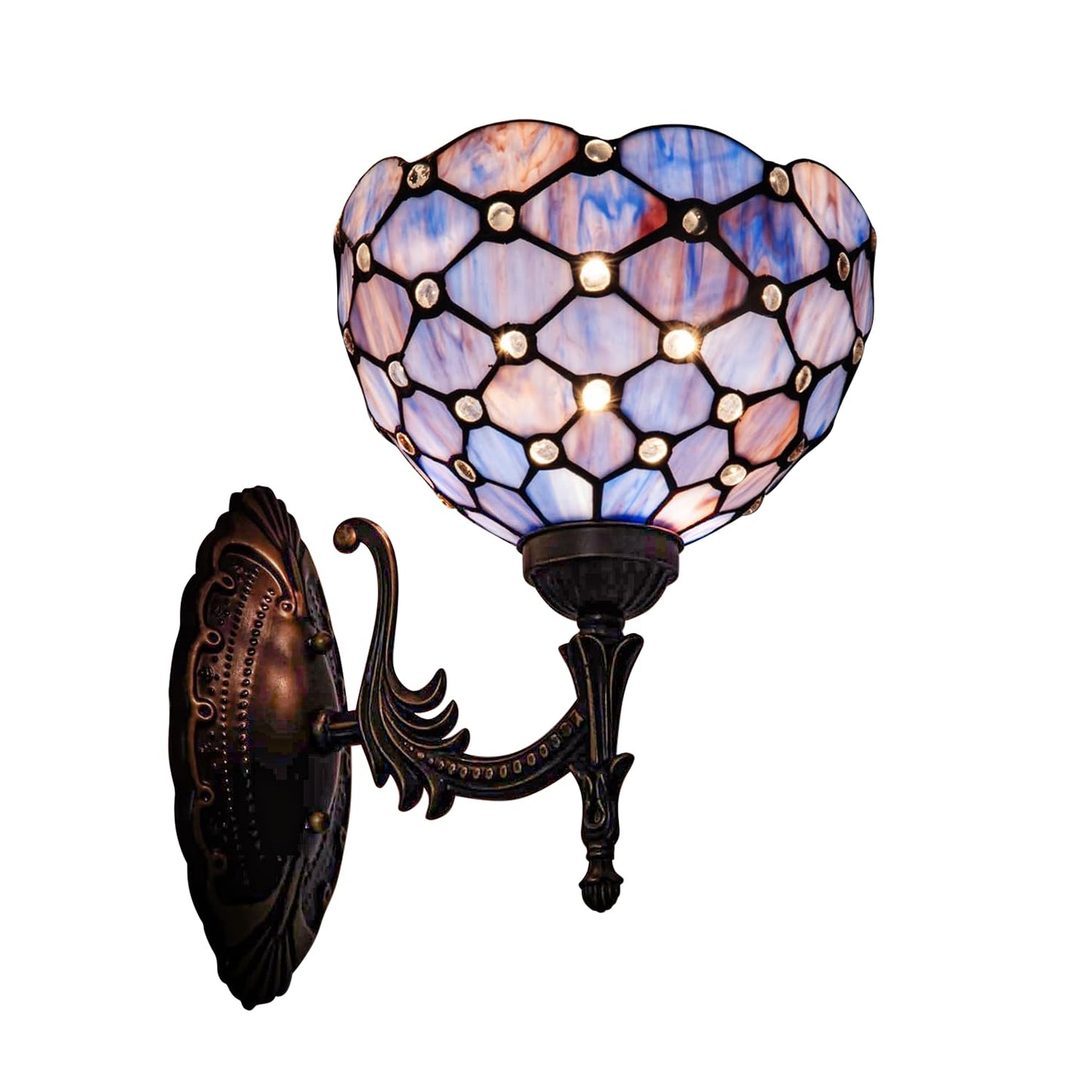 GILGGAK Tiffany Wall Sconce Hand-Weld Stained Glass Bedside Lamp with Classic 8 Inches Lampshade for Bedroom Hallway Living Room Home Office (Blue