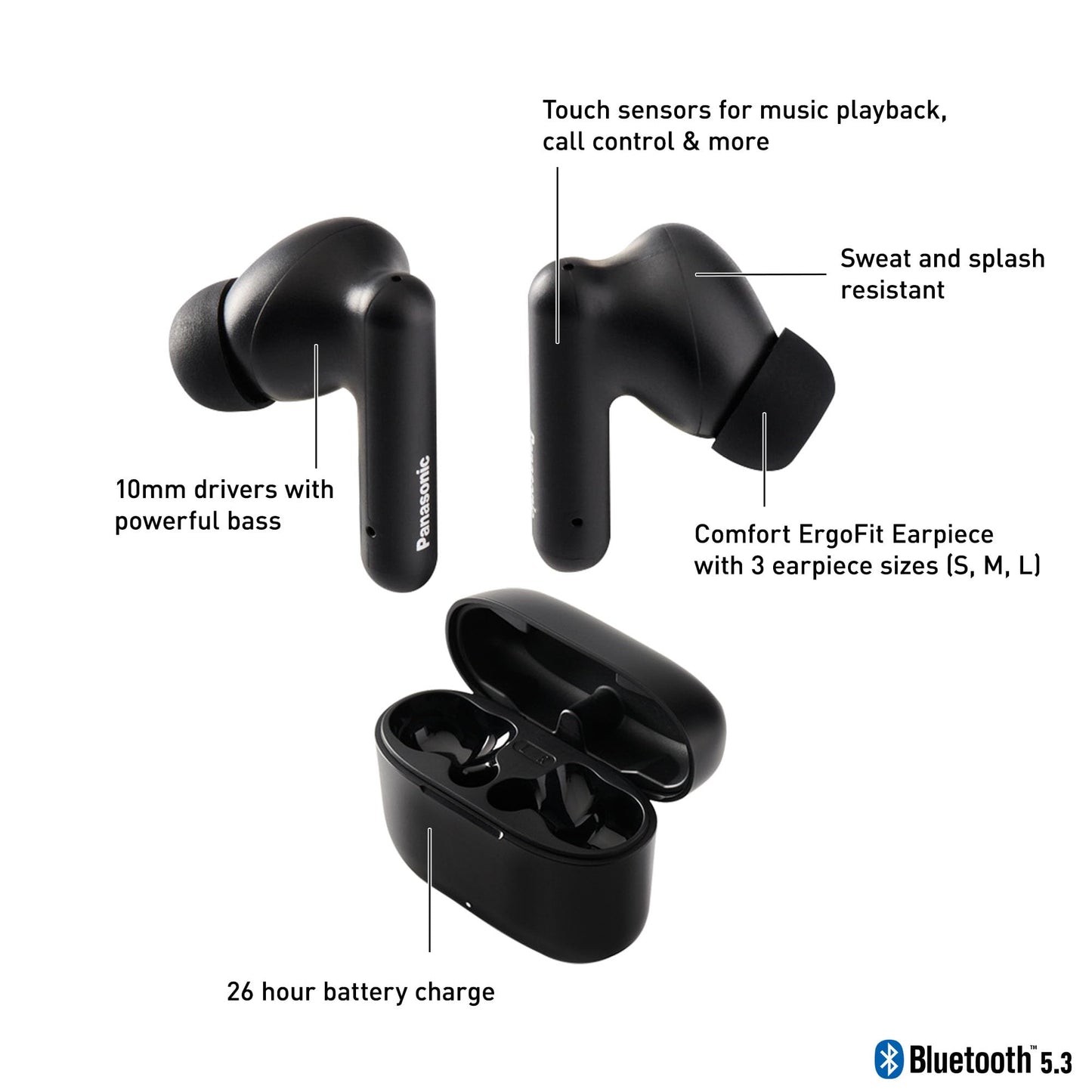 Panasonic ErgoFit True Wireless Earbuds, in Ear Headphones with XBS Powerful Bass, Bluetooth 5.3, Charging Case - RZ-B110W
