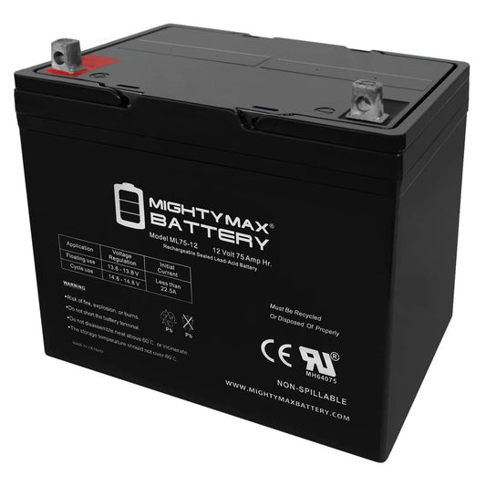 Mighty Max Battery ML75-12 - 12 Volt 75 AH, Nut and Bolt (NB) Terminal, Rechargeable SLA AGM Battery