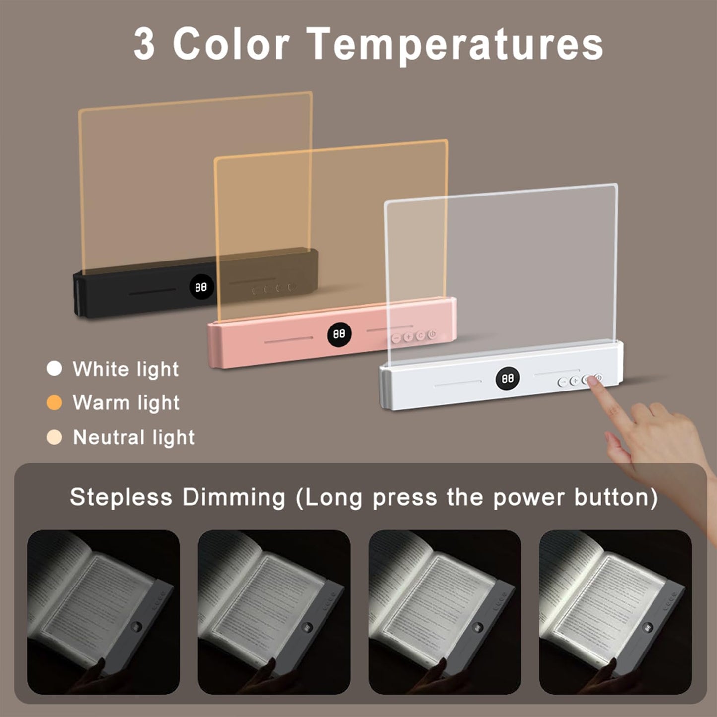 TFFUAM LED Book Light and Night Light 2 in 1, USB Rechargeable Clear Flat Book Light with 3 Colors & Timer, Dimmable Book Lights for Reading at Night