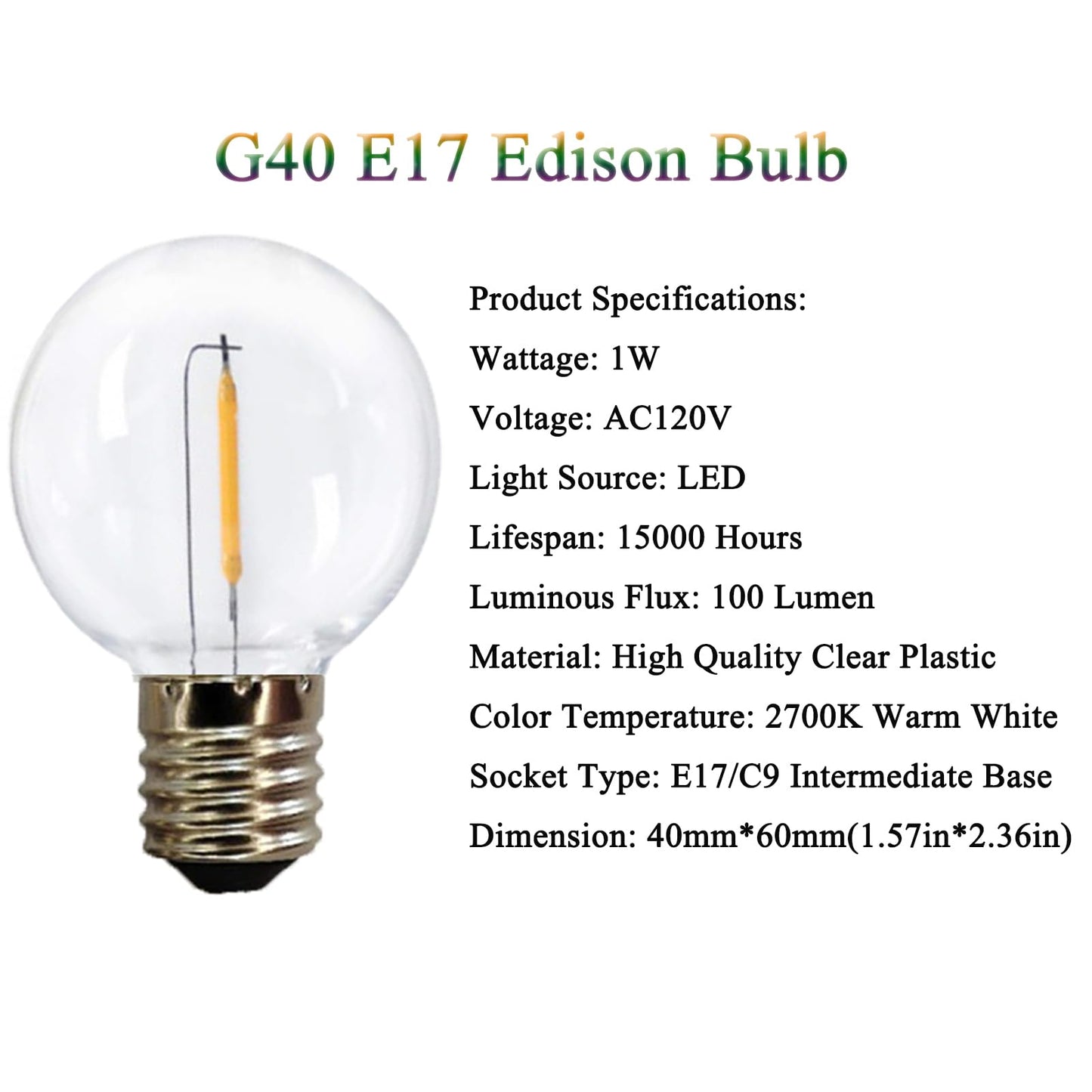 G40 Globe Replacement Bulbs C9/E17 Intermediate Base 1W G40 Shatterproof Waterproof Clear Plastic LED Filament Bulb Warm White 2700K Outdoor String