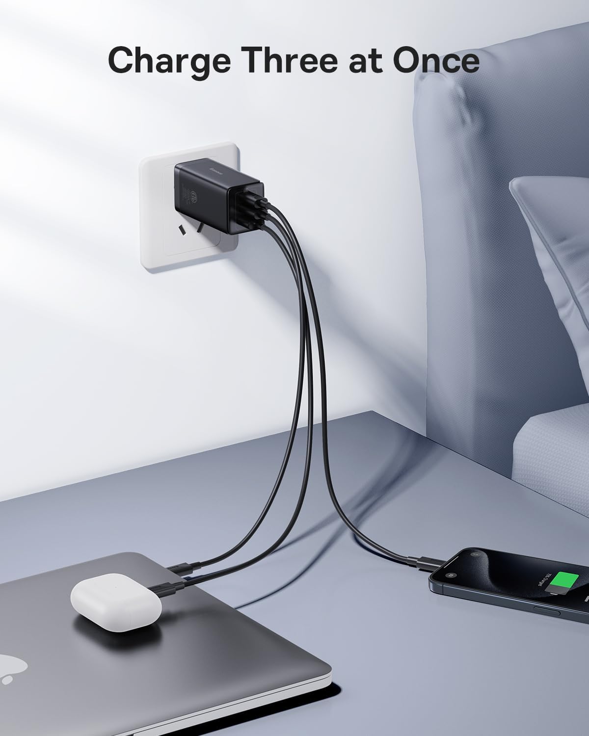 USB C Charger, Baseus 65W USB C Wall Charger, 3 Ports Foldable GaN Charger, Fast Charger Block for iPhone 15/14/13/Pro Max/SE/XR/XS, Galaxy S22+/S22