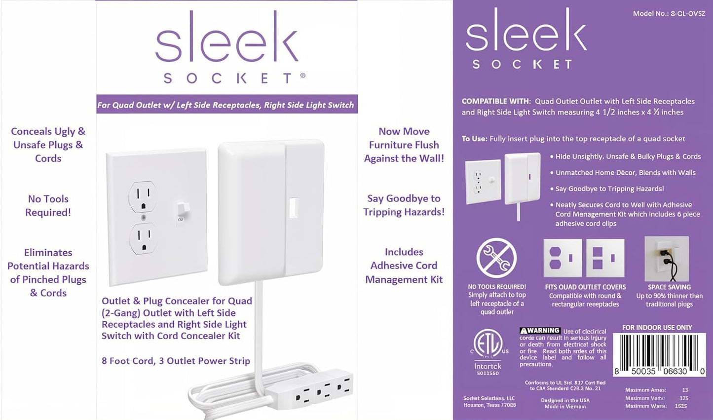 Sleek Socket Outlet & Plug Concealer for Wall Outlet with Cord Concealer Kit, 8-Foot Flat Extension Cord with Multiple Outlets Power Strip, Ideal