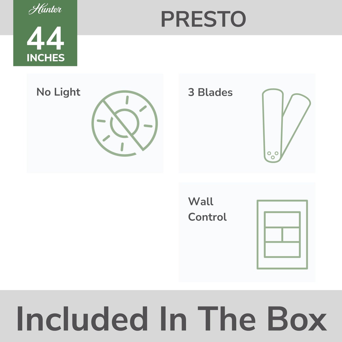 Hunter Presto, Indoor, Ceiling Fan, No Light, Modern, 44 inch, Matte Black
