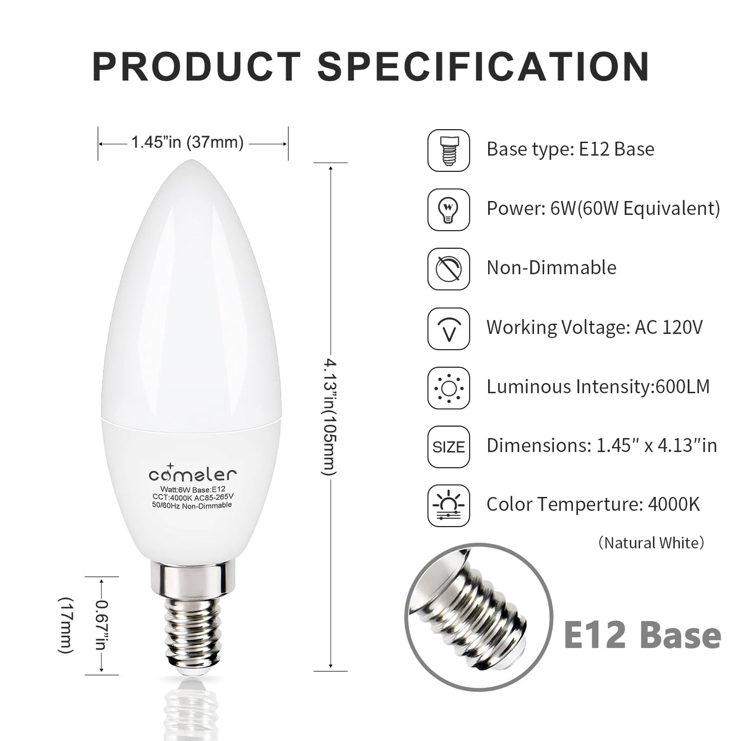 comzler E12 LED Ceiling Fan Light Bulb 60W Equivalent 4000K Natural White