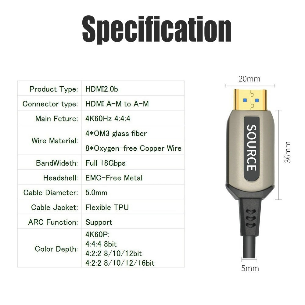 Jeirdus 50ft AOC HDMI Fiber Optic Cable Ultra HDR HDMI2.0b 18 Gbps,Support 4K60HZ ARC HDR10 HDCP2.2, Dolby Vision, Light Speed Slim and Flexible