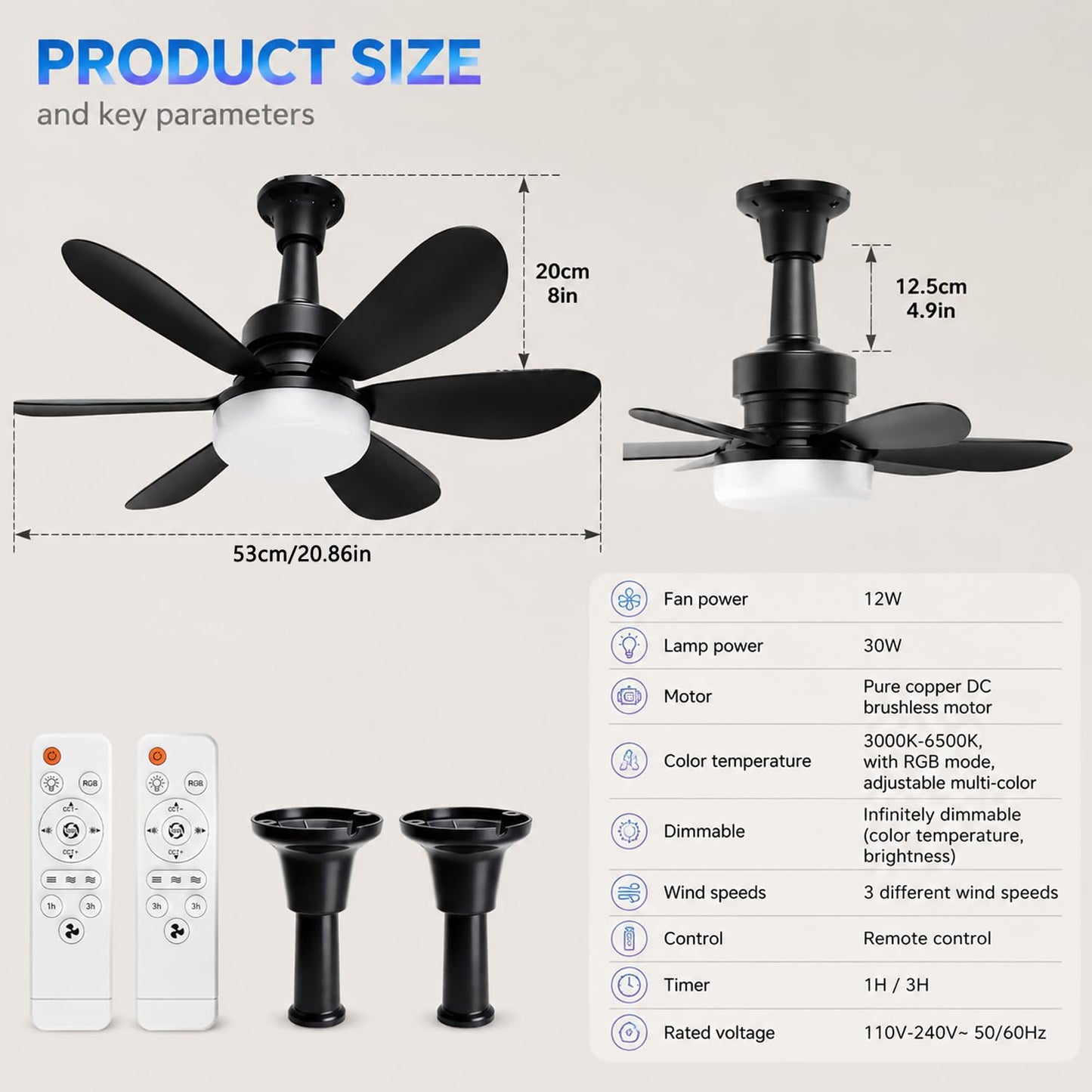 Timisea 20" Socket Fan Light with Remote,Low Profile Flush Mount, 30W 2000 Lumens 3 Colors 3000K-6500K, adjustable RGB colors,timed for 1/3 hours