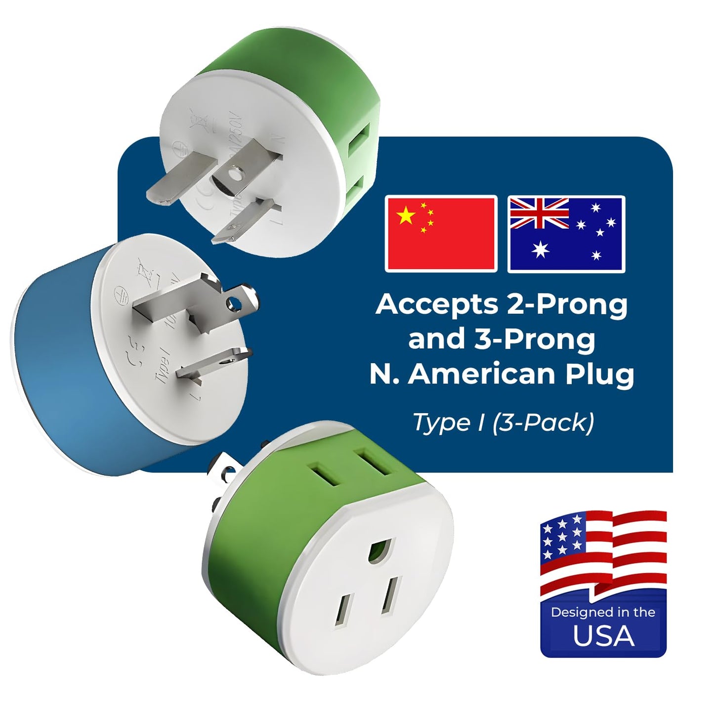 OREI Australia, New Zealand, China Power Plug Adapter with 2 USA Inputs - Travel 3 Pack - Type I (US-16) Safe Grounded Use with Cell Phones, Laptop…