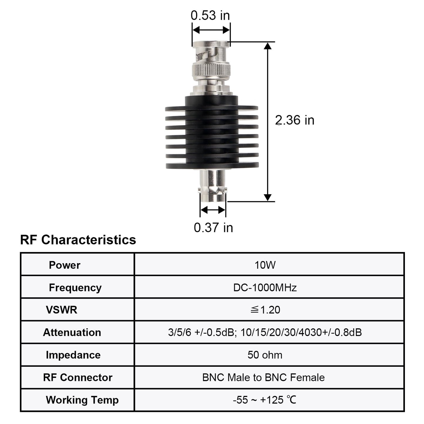 XRDS -RF BNC Male to BNC Female Coaxial RF Attenuator 10W 5dB, 50 Ohm Attenuator, 10W BNC Male to Female Connector, High-Power RF Coaxial Attenuator