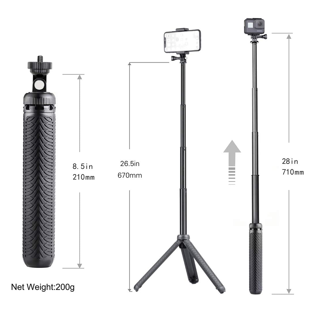 Extendable Selfie Stick/Handgrip/Monopod/Tripod for GoPro Hero 13 12 11 10 9 8 7 6 5 4 3 2 Session 2018, ACASO, EK5000 EK7000/SJCAM SJ4000 SJ500
