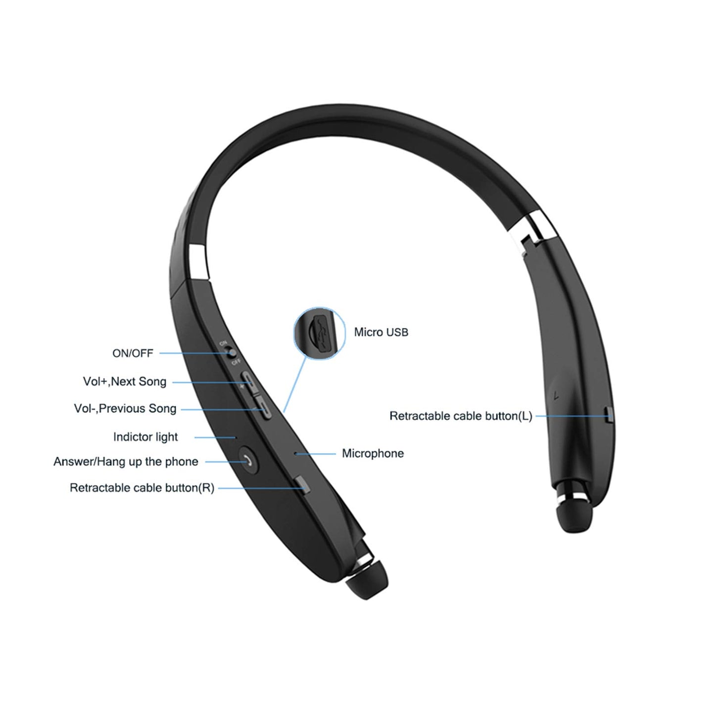 Foldable Bluetooth Headset, Beartwo Lightweight Retractable Bluetooth Headphones for Sports&Exercise, Noise Cancelling Stereo Neckband Wireless
