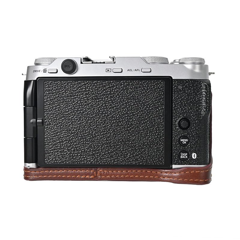 BMAOLLONGB X-M5 Case, Handmade Genuine Real Leather Half Camera Case Bag Cover for Fujifilm X-M5 Bottom Opening Version + Neck Strap (Coffee)