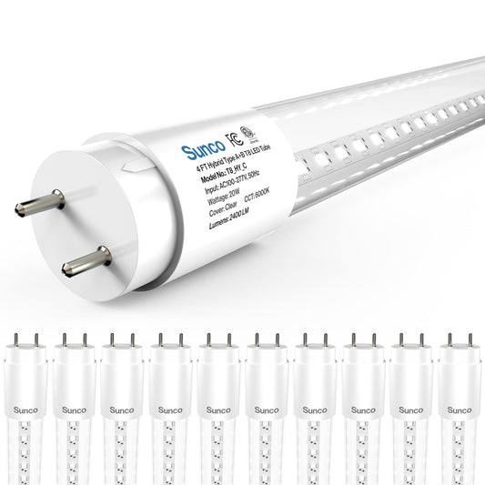 Sunco 10 Pack 4 Foot T8 LED Tube Light Bulbs, 6000K, 20W, Hybrid A+B