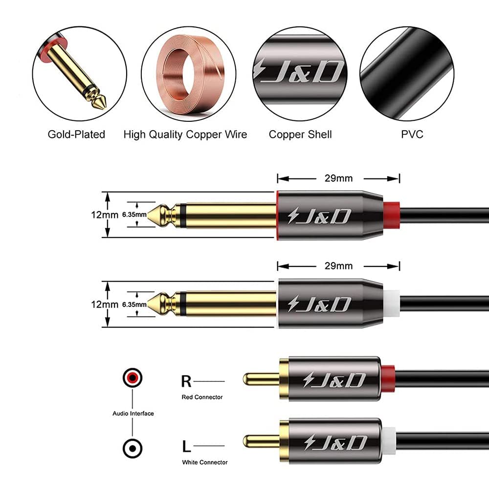 J&D 1/4 to RCA Cable, Gold Plated Copper Shell Heavy Duty 2X6.35mm TS to Dual RCA Stereo Audio Interconnect Cord for AV Receivers, Speakers, Home