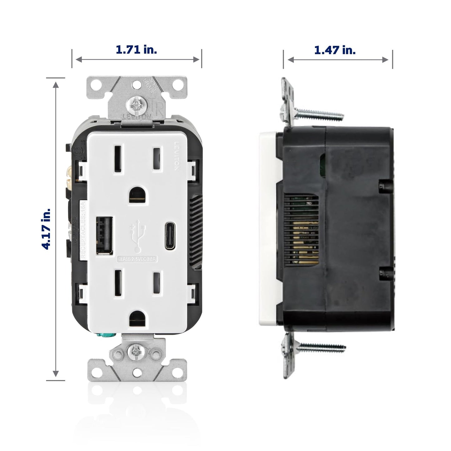 Leviton 18W USB Type-A/C in-Wall Charger with 15A Tamper-Resistant Outlet, USB Charger for Smartphones, Not for Laptops, T5638-W, White