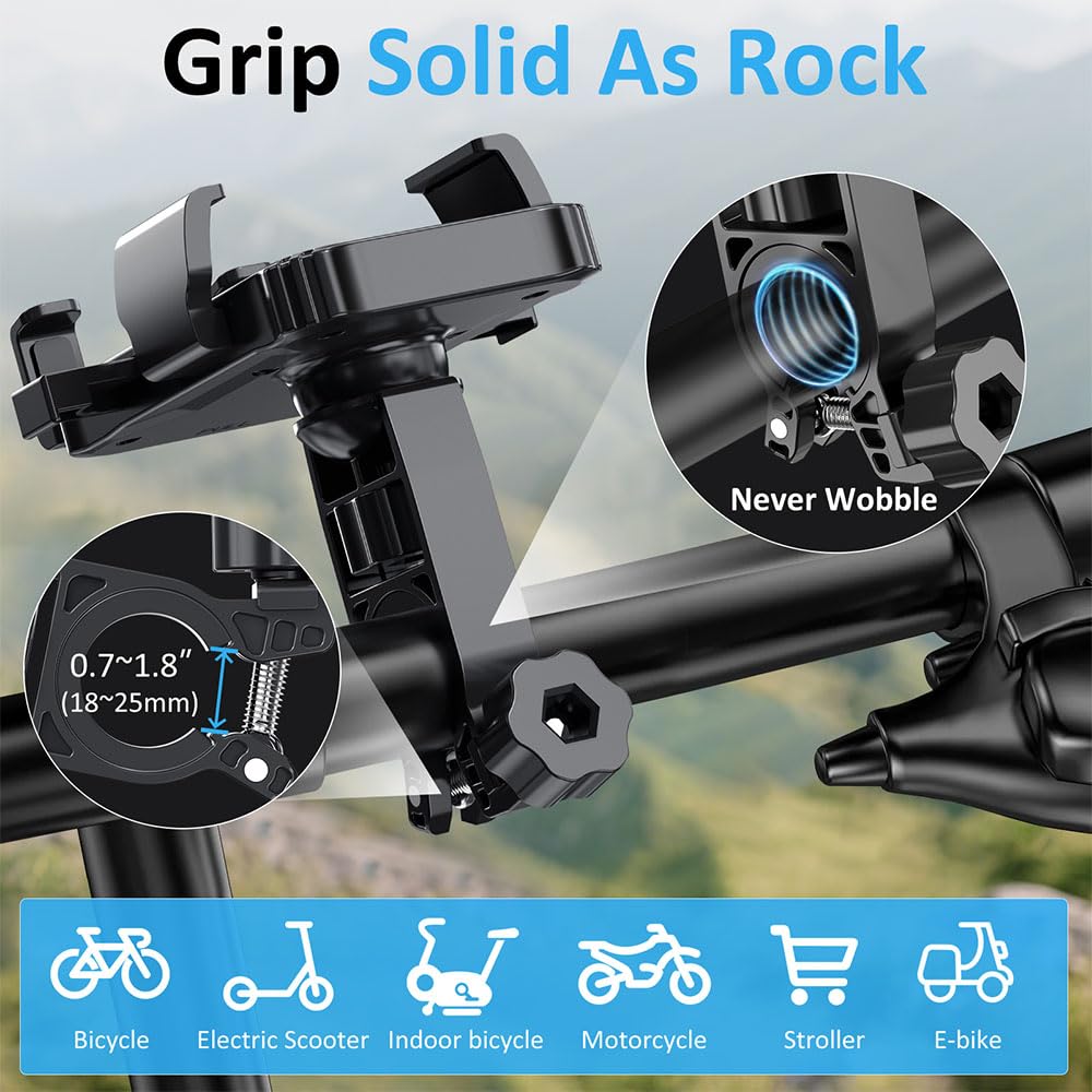 Prjrsme Bike Phone Holder, Handlebar Phone Mount for Bike and Motorcycle, Electric Scooter Mountain Bike, Adjustable Cell Phone Holder,Secure Holder