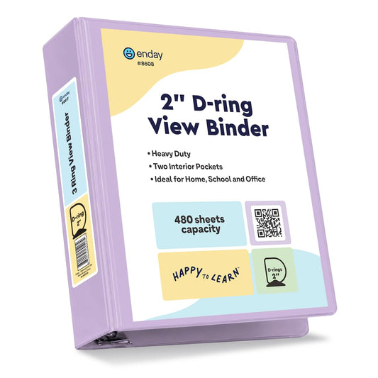 Enday 2 Inch Binder, Purple - 2 Inch 3 Ring Binder, D-Ring Pastel with Clear View Cover for Letter Size 8.5 x 11'' Paper & 2 Inside Pockets, Ideal