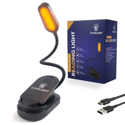VYANLIGHT Book Light for Reading in Bed, Amber Color Reading Lamp with 360° Rotating Gooseneck, Rechargeable and Dimmable Warm Glow LED Clip-on Light