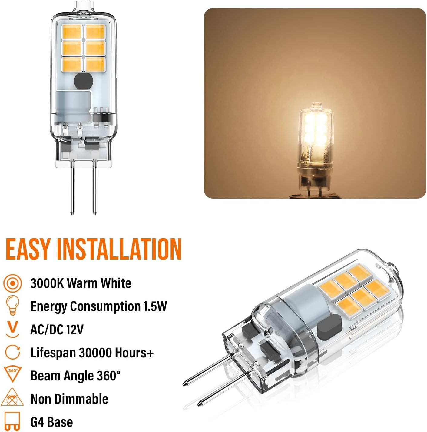 RuLEDne G4 LED Bulb 12V AC/DC, JC Bi-Pin Base Light Bulb 1.5W, Equivalent to 15 Watt Halogen G4, Not Dimmable 3000K Warm White for Landscape Lighting