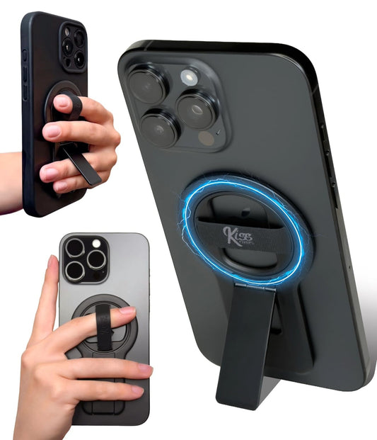 KISS GRIPS Phone Grip for MagSafe, Holder, Loop, and Kickstand - Ultra-Thin Dual Magnetic 360° Spin Tripod, Selfie Stick, Phone Stand - Wireless