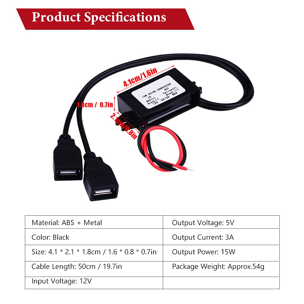 DC Converter 12V to 5V 3A 15W DC Buck Converter Module, DC to DC Reduced Voltage Regulator Car Power Converter Output Power Adapter (Double USB…