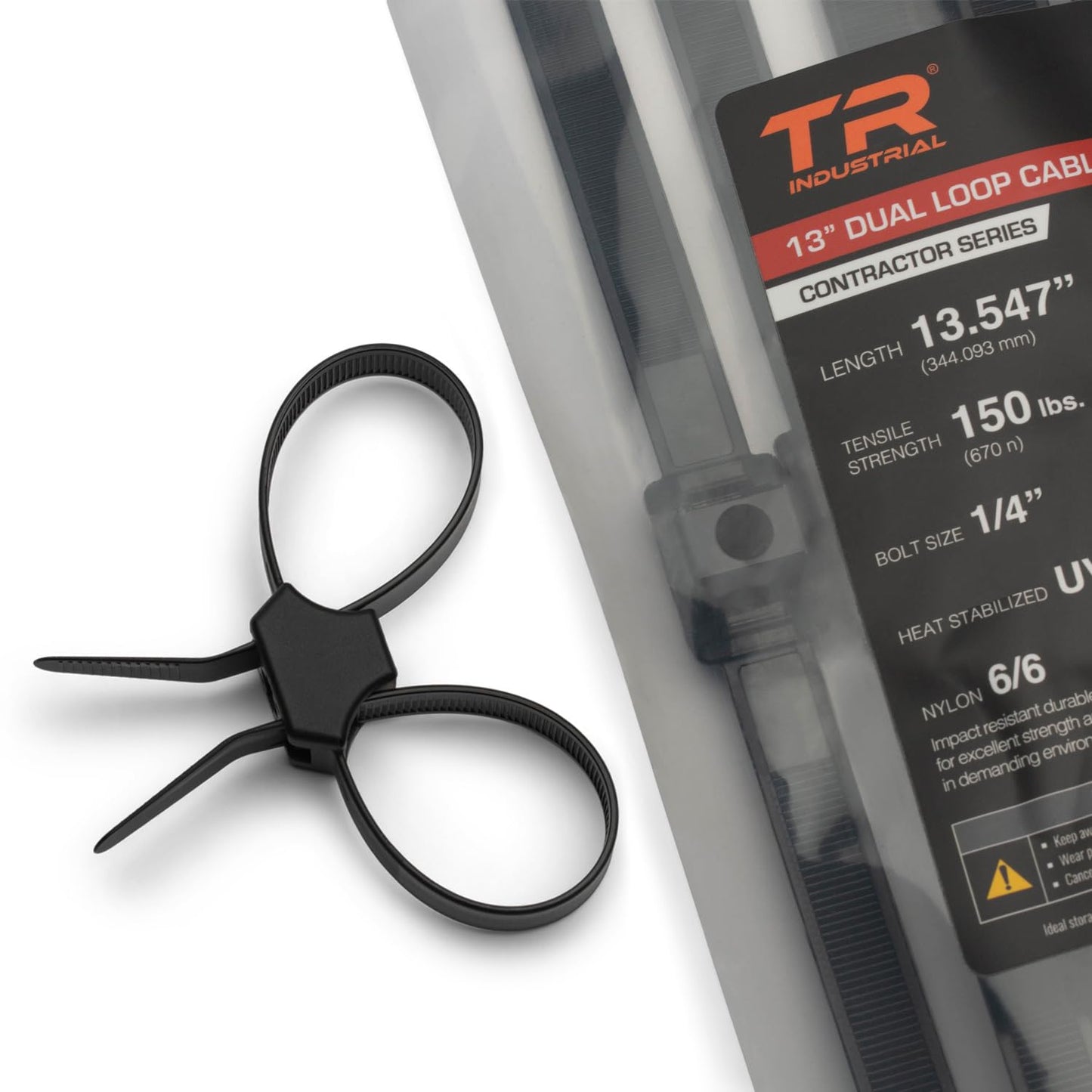 TR Industrial Contractor Series Dual Loop Impact Resistant Heat Stabilized Cable Ties, 13", UV Black, Made in USA, 10-Piece