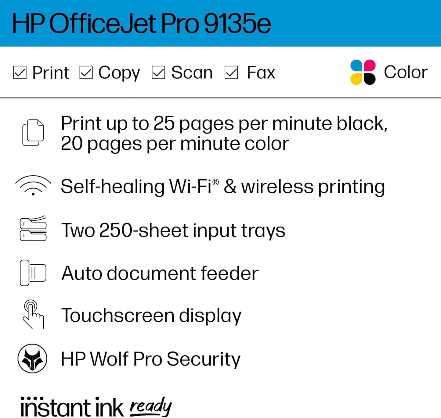 HP OfficeJet Pro 9135e All-in-One Printer, Color, Printer-for-Small Medium Business, Print, Copy, scan, fax, Wireless, 3 Months of Instant Ink