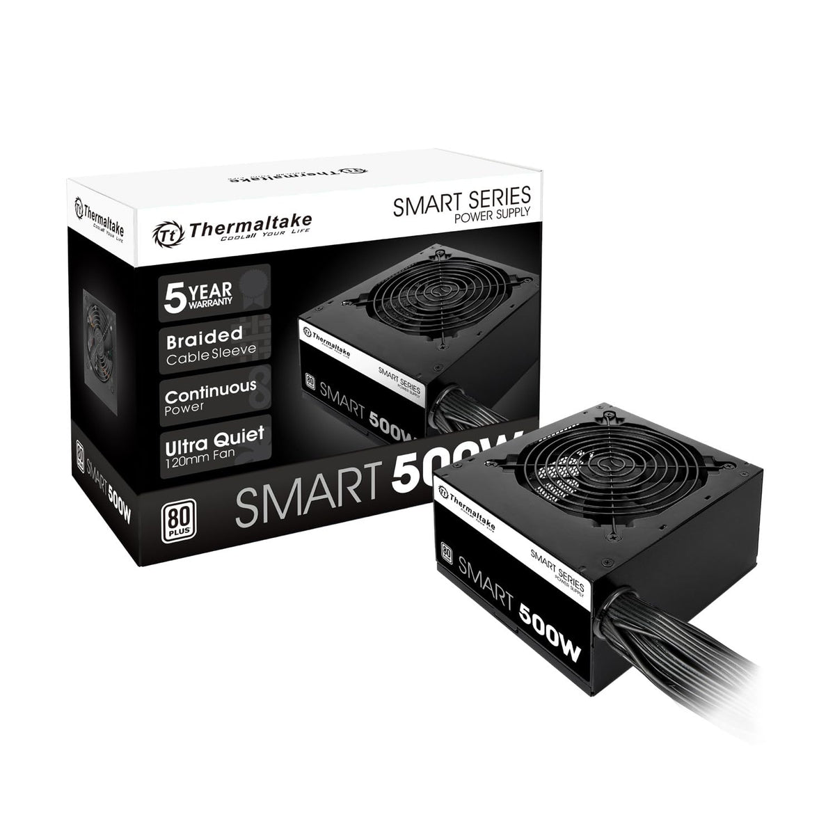 Thermaltake Smart 500W 80+ White Certified PSU, Continuous Power with 120mm Ultra Quiet Cooling Fan, ATX 12V V2.3/EPS 12V Active PFC Power Supply