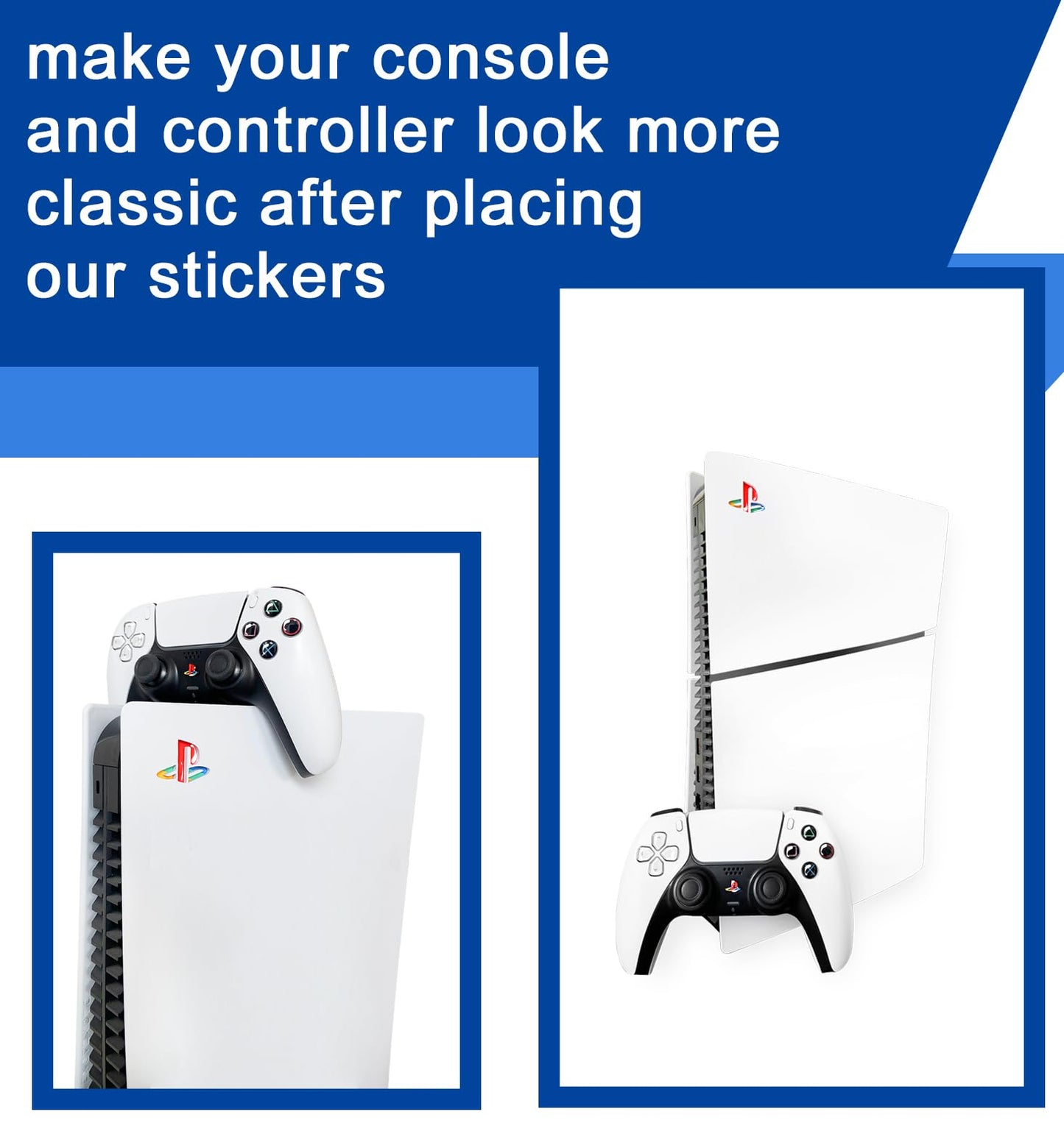 Logo Underlay Sticker for PS5 Slim for PS5 Pro Console, 2 Packs & PS Logo Vinyl Decal Sticker for DualSense Controller (Classic Retro-Look Color) 1