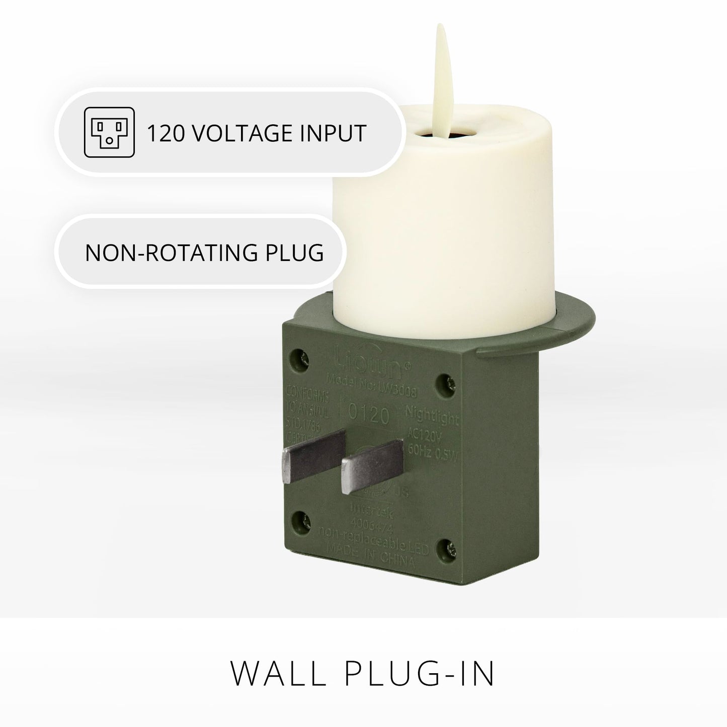 Luminara Flameless Candle Nightlight w/Dusk to Dawn Light Dark Auto Sensor, Loden Green Wall Plug Indoor Night LED Light w/Real-Flame Effect