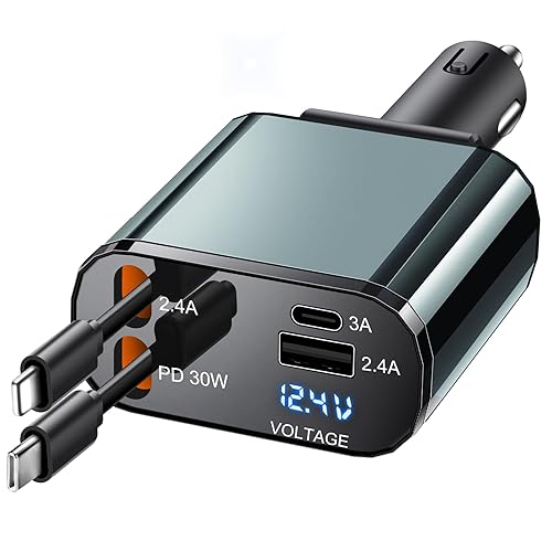 TICCI Retractable Car Charger [60W USB C with Cables] 4-in-1 Retractable Car Charger Fast Charging for iPhone 16, 15, 14, 13, 12 Series, USB-C
