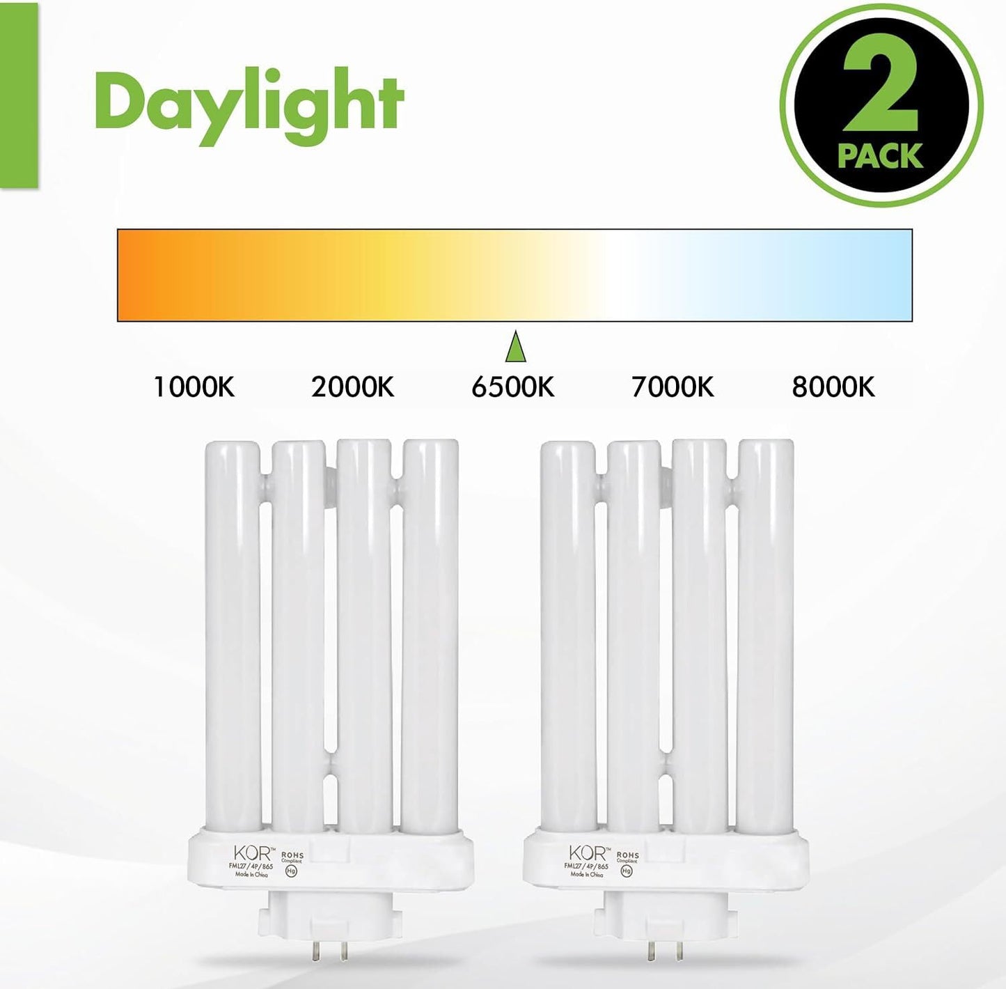 KOR FML27-65K CFL Light Bulbs, 27W, 6500K Daylight, GX10Q-4 Base, 2-Pack
