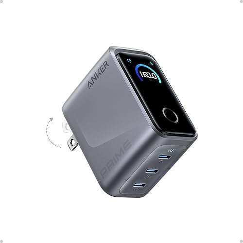 Anker Prime Charger,160W 3-Port Compact GaN USB C Charger,Smart Display,Touch Control,Up to 140W Fast Charging for One Device,for MacBook