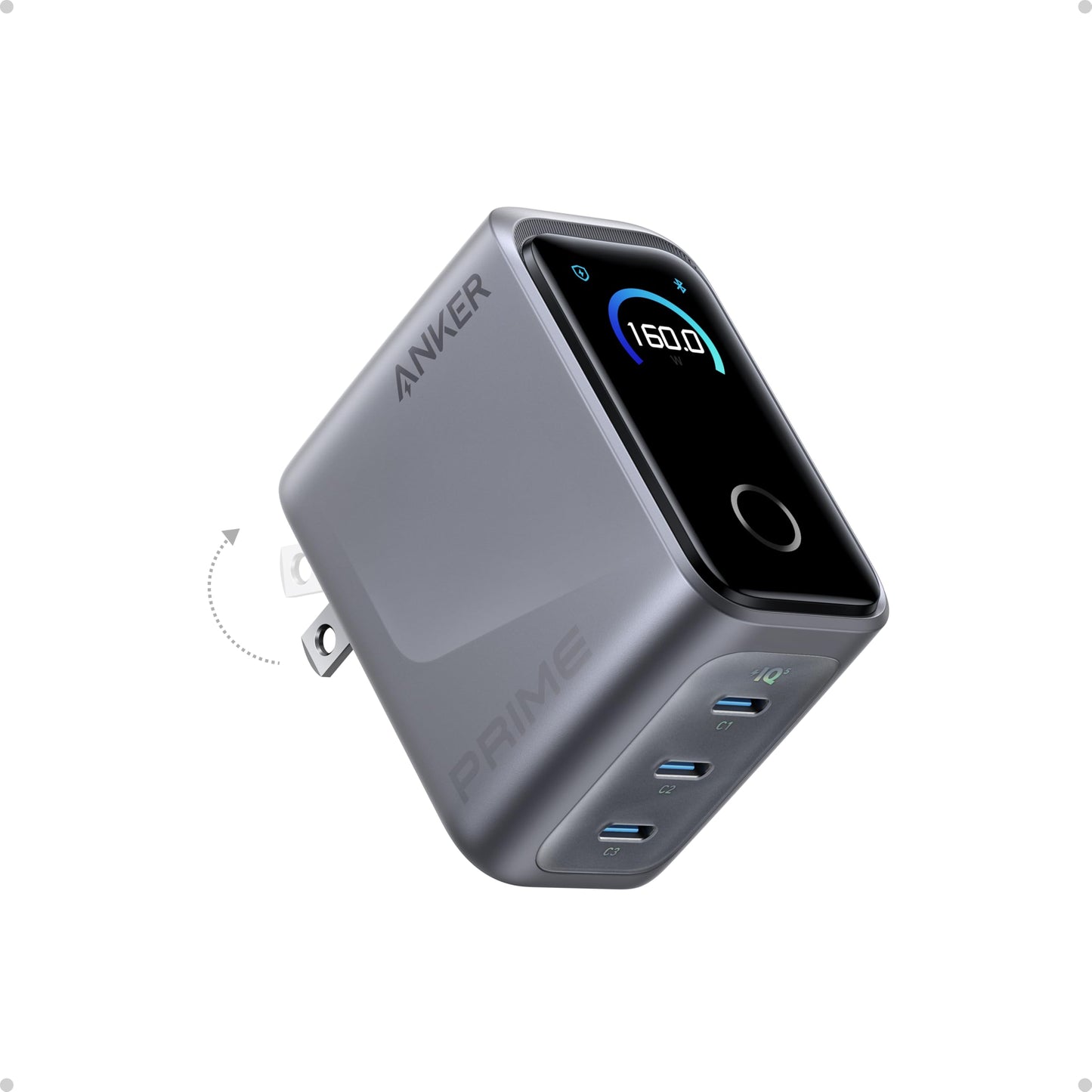 Anker Prime Charger,160W 3-Port Compact GaN USB C Charger,Smart Display,Touch Control,Up to 140W Fast Charging for One Device,for MacBook