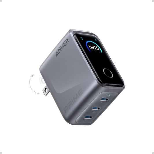 Anker Prime Charger,160W 3-Port Compact GaN USB C Charger,Smart Display,Touch Control,Up to 140W Fast Charging for One Device,for MacBook