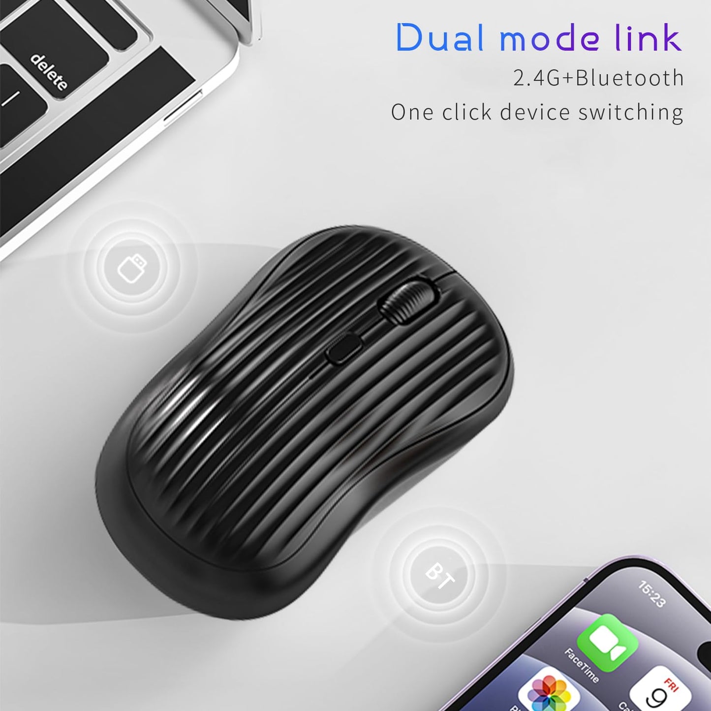 ONE-UP Wireless Mouse, 2.4G + BT, Rechargeable Battery, 4-Key, DPI: 800/1200/1600, Silent, Type-C, USB Nano Receiver, Ergonomic, Portable, for Laptop